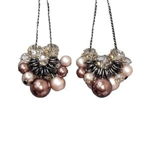 Faux Pearl Cluster Dangle Earrings Faceted Glass Beads Brown Champagne Colors